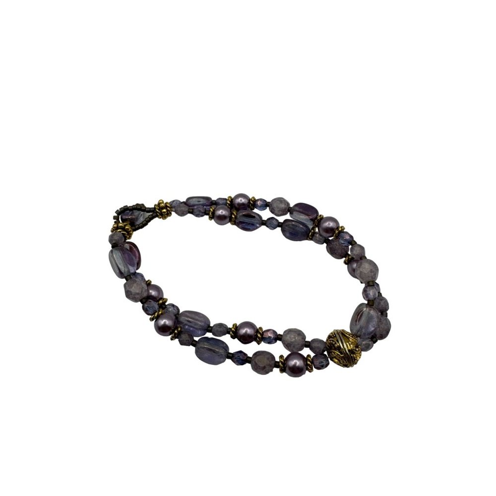 Purple and Gold Beaded Double Row Bracelet Toggle Clasp 7.5 inch